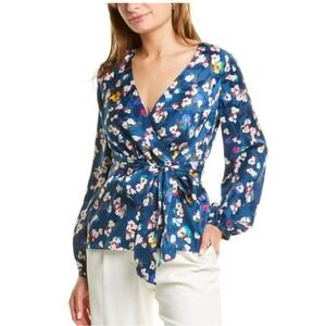 Tanya Taylor Ginger Blue Floral Silk Wrap Blouse Tie Waist 10